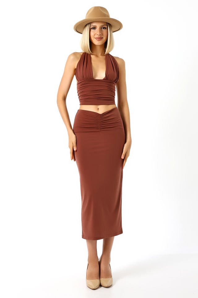 ÖN DRAPELİ UZUN ETEK 82 CM /ÖN BÜZGÜLÜ ETEK / DRAPED LONG SKIRT L - AÇIK KAHVE