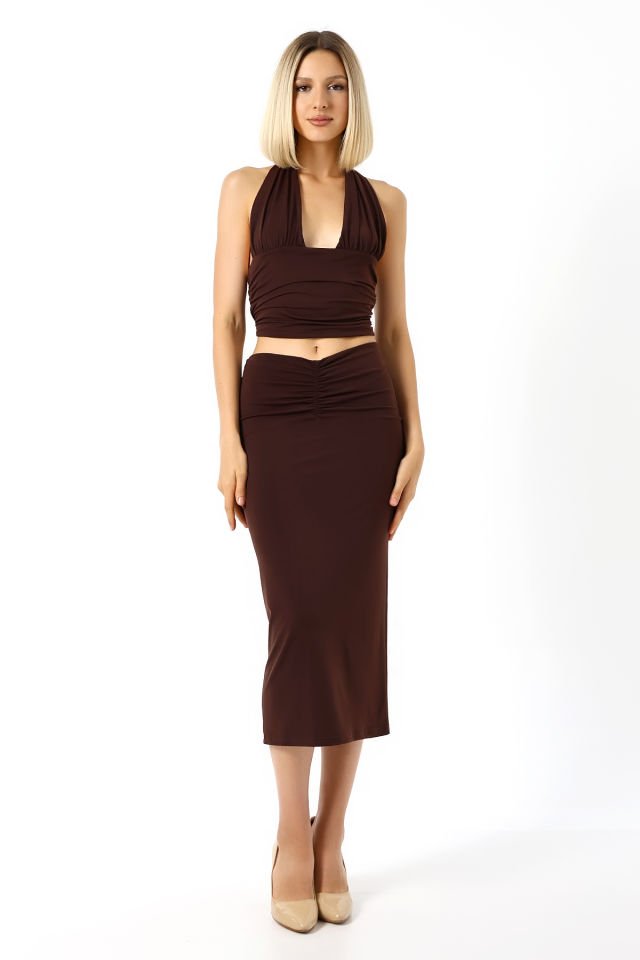 ÖN DRAPELİ UZUN ETEK 82 CM /ÖN BÜZGÜLÜ ETEK / DRAPED LONG SKIRT xs - KOYU KAHVE