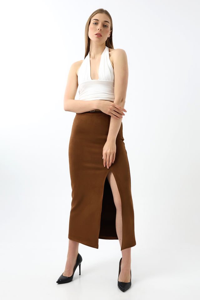 SÜET ETEK MAXİ BOY 92 CM ÖN YIRTMAÇLI /FRONT Slit MAXI LONG SUEDE SKIRT XL - KOYU KAHVERENGİ