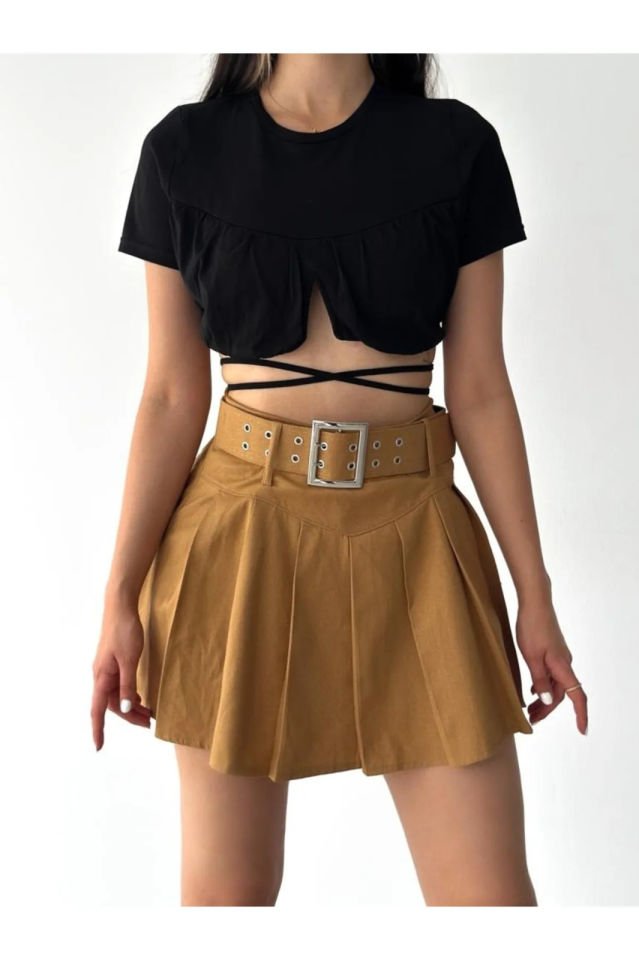 PİLELİ KEMERLİ ETEK İÇDEN ŞORTLU / PLEATED BELTED SKIRT WITH INNER SHORTS M - taba